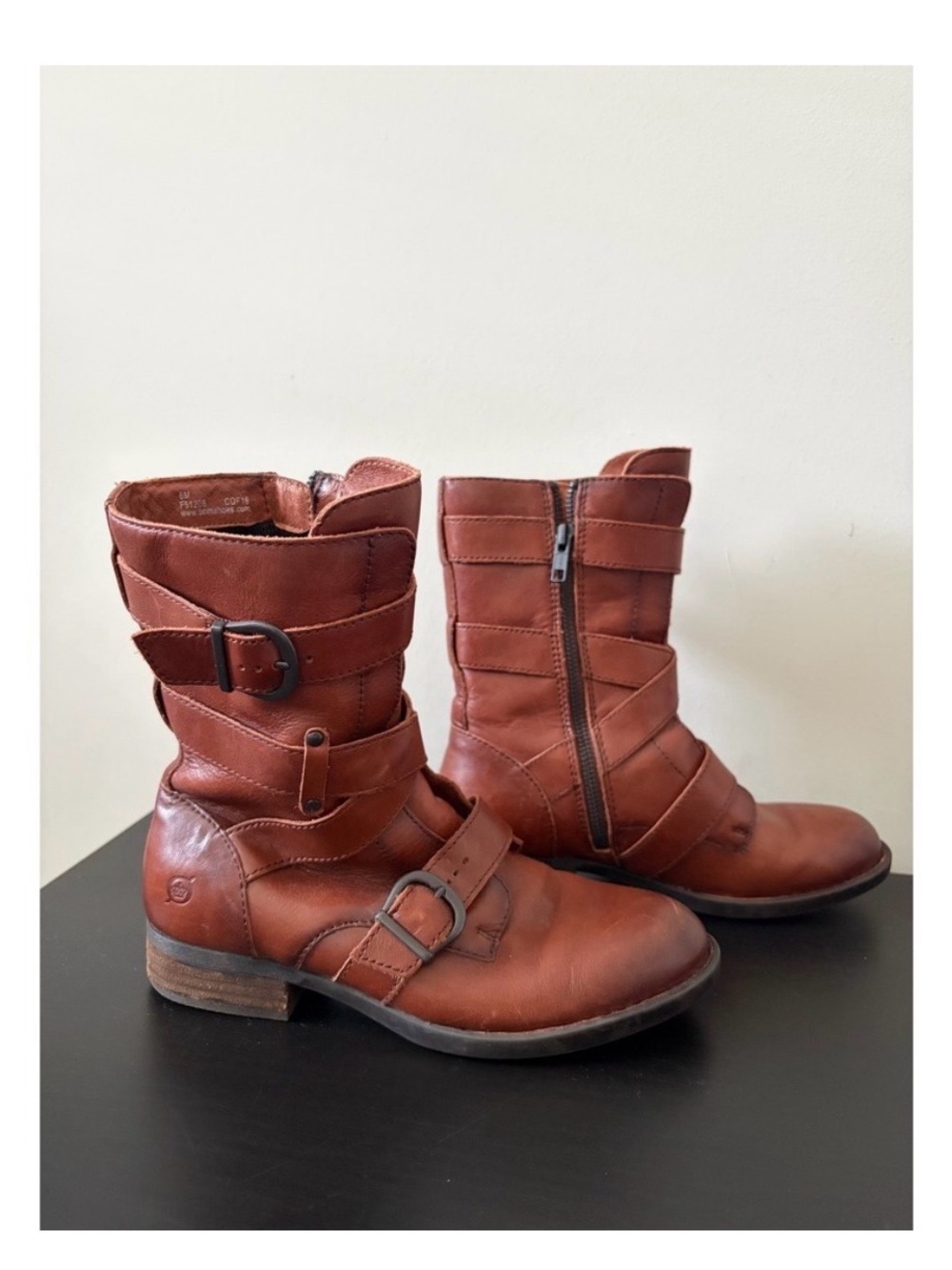 Born Portia Brown Leather Moto Buckle Straps Mid Calf Boots Womens 6M